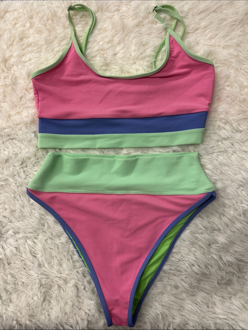 Beach Riot Pink, Lime & Blue Ribbed High-Waist Bikini - Picture 1 of 5